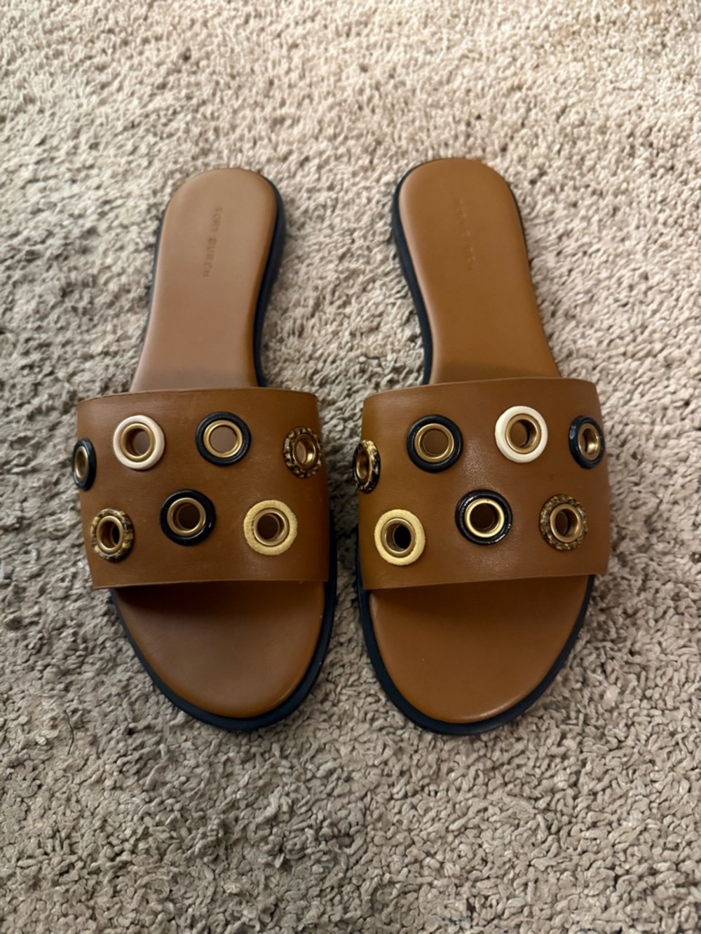 Tory Burch Tan Leather Slide Sandals with Grommet Accents